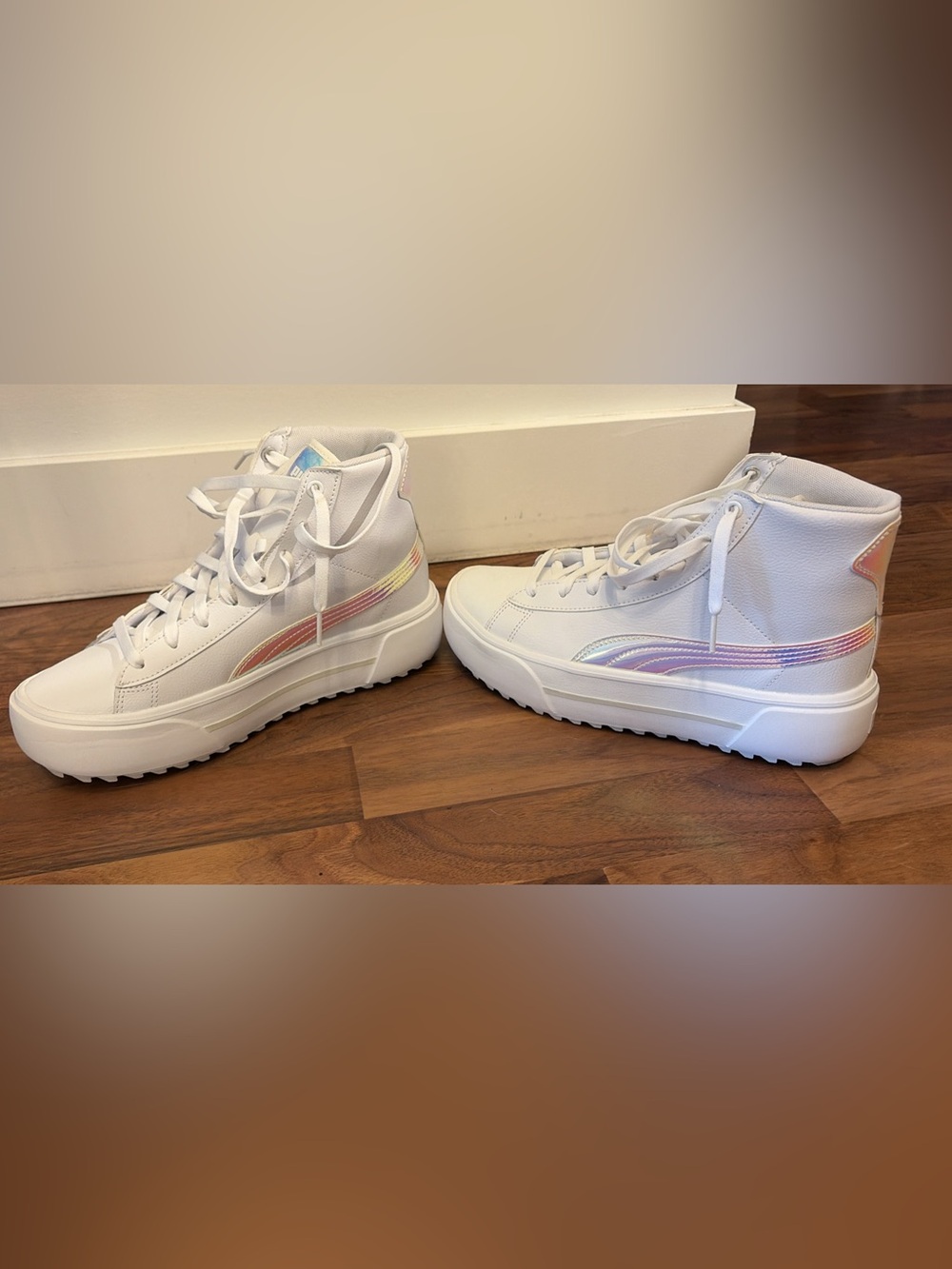Puma White Platform Sneakers with Iridescent Rainbow Trim
